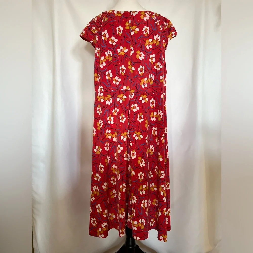 London Times Ruched Front Floral Cap Sleeve‎ Milkmaid Red Midi Dress Size 2X